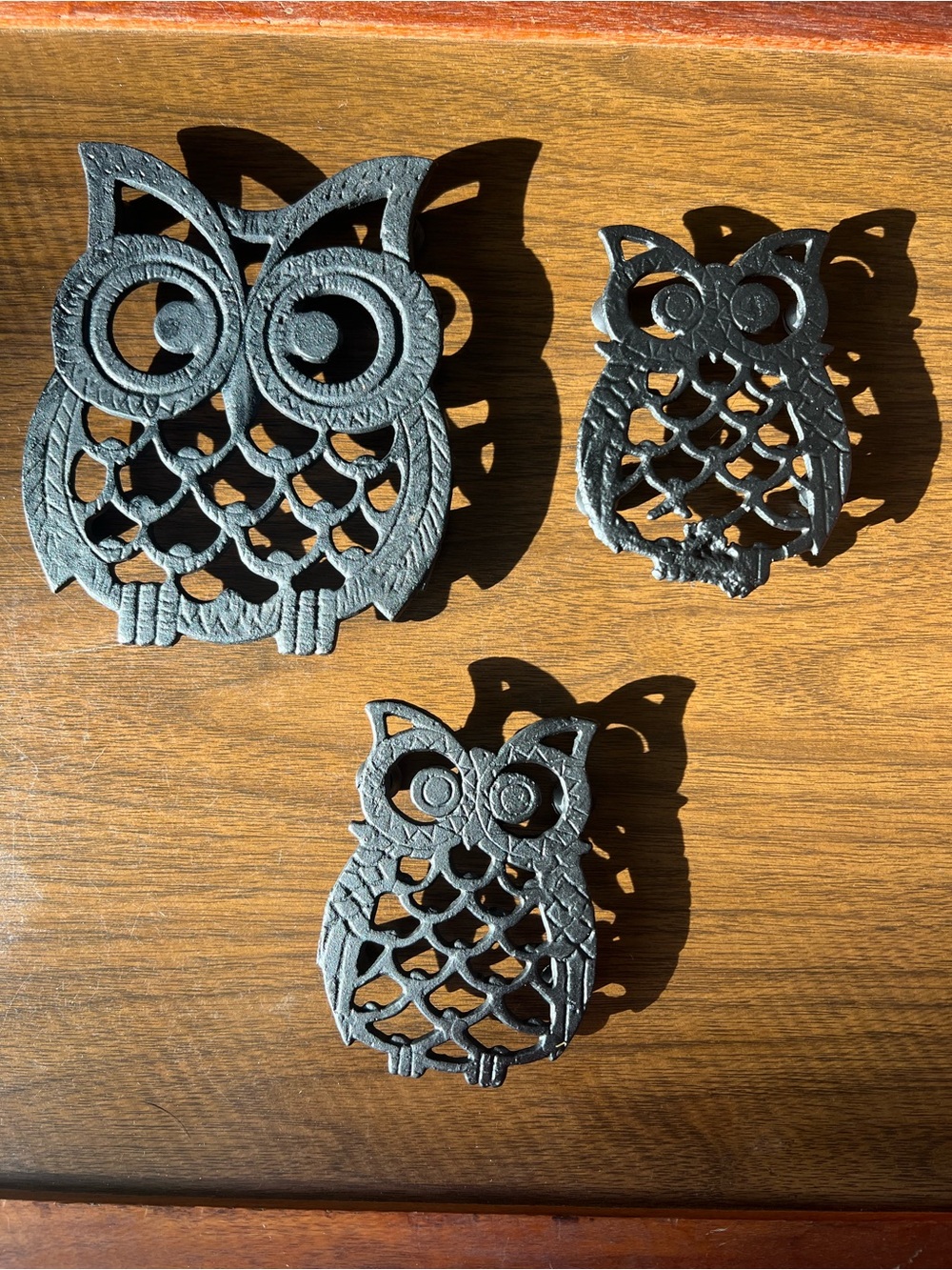 Vintage Trio of Cast Iron MCM Black Owl Trivets